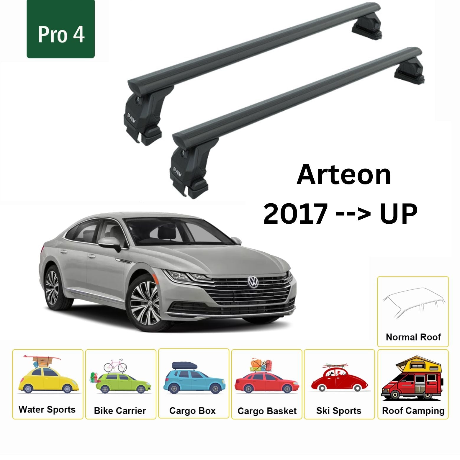 For Volkswagen Arteon 2017--> Roof Rack System, Aluminium Cross Bar, Metal Bracket, Normal Roof, Black For Volkswagen Arteon 2017--> Roof Rack System, Aluminium Cross Bar, Metal Bracket, Normal Roof, Black